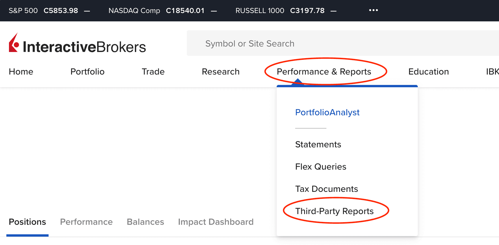Interactive Brokers menu with Performance & Reports open and Third-Party Reports circled