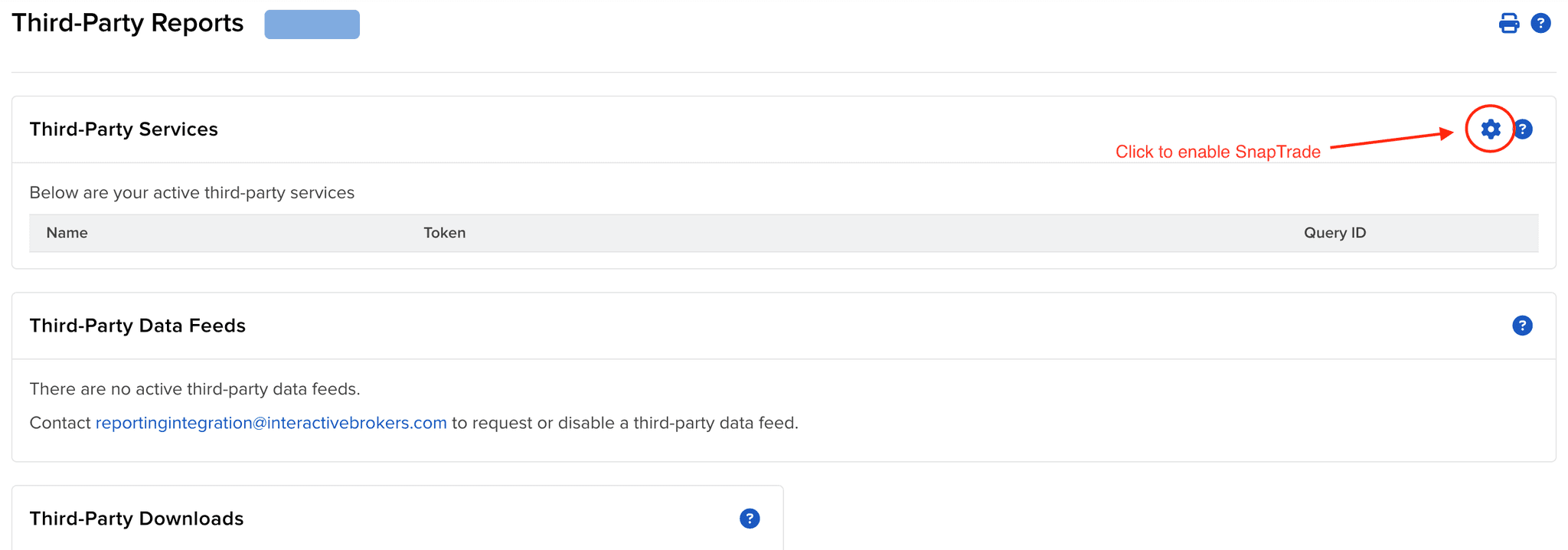 Third-Party Reports page with the gear icon of Third-Party Services circled