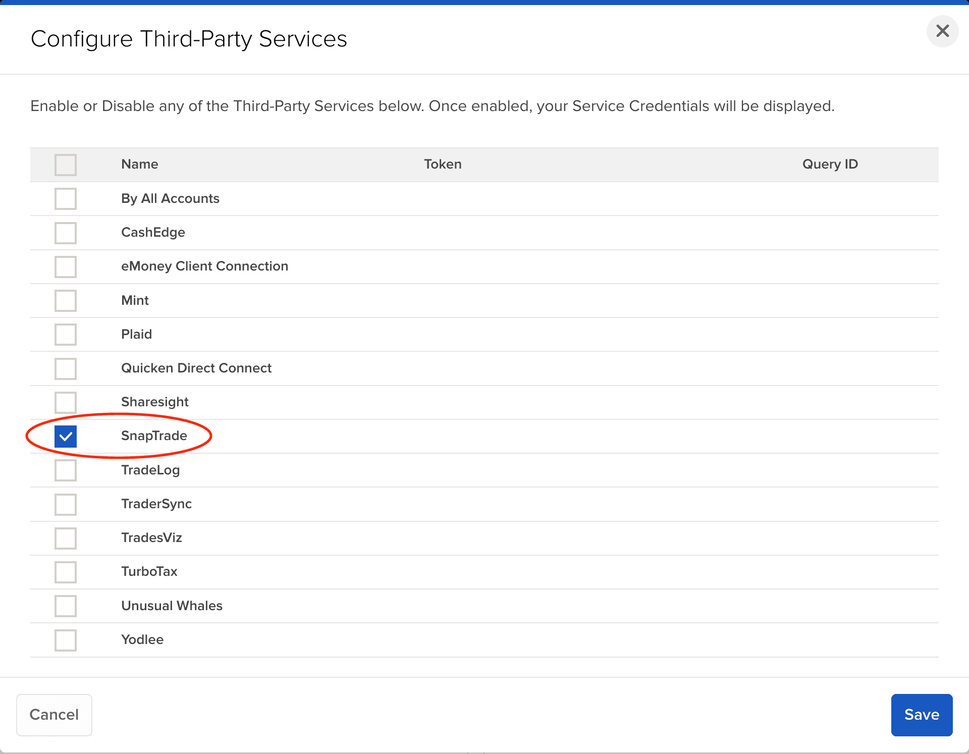 Configure Third-Party Services list with SnapTrade ticked