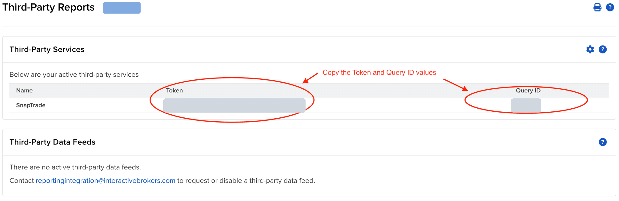 Third-Party Services showing SnapTrade with its Token and Query ID circled (values hidden)